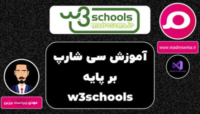 کاور دوره آموزش C# از سایت W3Schools؛ شامل لوگوی W3Schools و نماد اصلی سایت