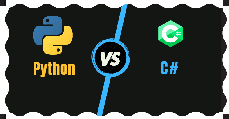 لوگوی ترکیبی پایتون و سی‌شارپ با عبارت VS در وسط، پس‌زمینه مشکی با لبه‌های دالبور دالبور و نوشته‌های انگلیسی Python و C#