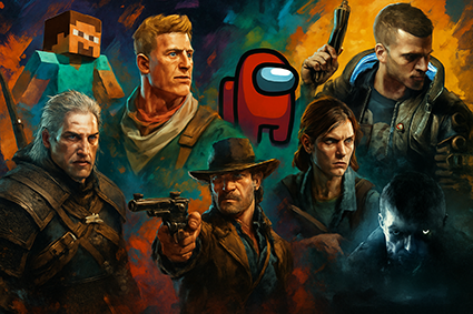 تصویری انتزاعی و خلاقانه از شخصیت‌های معروف در بازی‌های کامپیوتری برتر جهان مانند ماینکرفت، ویچر، Among Us، و Red Dead Redemption در پس‌زمینه‌ای رنگارنگ و هیجان‌انگیز.