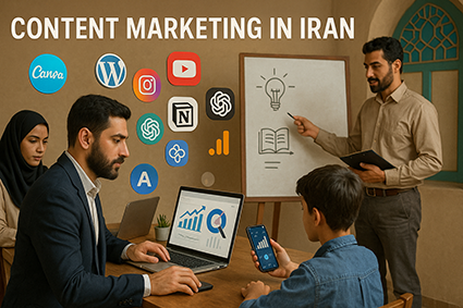 یک صحنه واقع‌گرایانه از همکاری چند ایرانی در فضای کاری سنتی با نمادهای دیجیتال بازاریابی محتوایی.