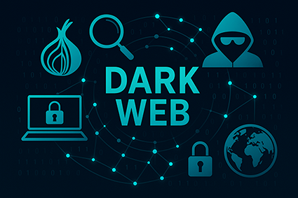 تصویر نمادین از دارک وب با آیکون‌هایی از ناشناس‌ماندن، رمزنگاری، مرورگر تور و سیستم‌عامل امن تیلز