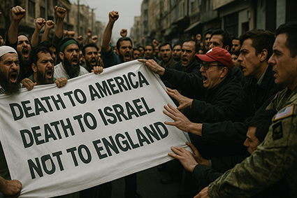 تصویری نمادین از مومنین که در حال سر دادن شعارهای «مرگ بر آمریکا»، «مرگ بر اسرائیل» و «مرگ بر انگلیس» هستند، در حالی که منافقین به دستور آمریکا تلاش می‌کنند این شعارها را خاموش کنند.