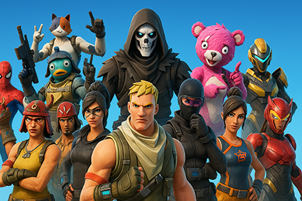 تصویری کامل و رنگارنگ از شخصیت‌های متنوع و محبوب بازی Fortnite، شامل قهرمانان، اسکین‌های ویژه و شخصیت‌های قابل شخصی‌سازی که نمایانگر دنیای پرجنب‌وجوش و خلاقانه این بازی بتل رویال مشهور است.