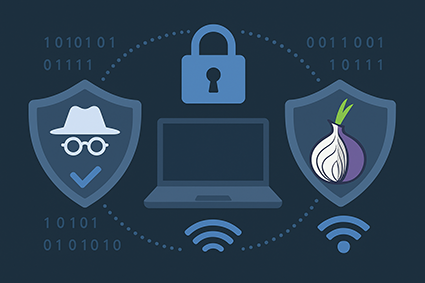 مقایسه نمادین امنیت حالت Incognito و مرورگر Tor با آیکون‌های تصویری در زمینه دیجیتال