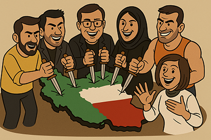موضع‌گیری سلبریتی‌ها در جنگ – کارتون چهره‌های ایرانی در حال خنجر زدن به نقشه ایران