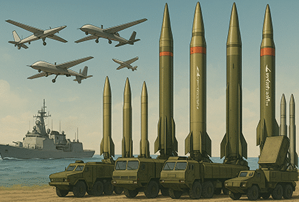 نمایی از قدرت نظامی ایران شامل موشک‌های بالستیک، پهپادها، سامانه پدافندی و ناوشکن ایرانی