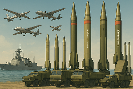 نمایی از قدرت نظامی ایران شامل موشک‌های بالستیک، پهپادها، سامانه پدافندی و ناوشکن ایرانی