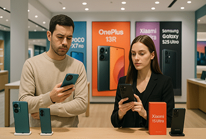 دختر و پسر در فروشگاه موبایل در حال بررسی و تصمیم‌گیری برای خرید گوشی‌های میان‌رده و بالا رده در بازار ایران
