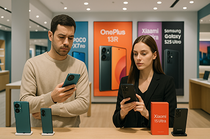 دختر و پسر در فروشگاه موبایل در حال بررسی و تصمیم‌گیری برای خرید گوشی‌های میان‌رده و بالا رده در بازار ایران