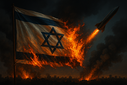 پرچم اسرائیل در حال سوختن بر اثر اصابت موشک‌های ایرانی، با پس‌زمینه انفجار و دود، نماد شکست اسرائیل در جنگ.