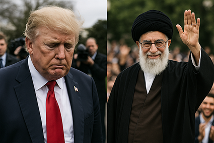 مقایسه خامنه‌ای و ترامپ در یک تصویر واقع‌گرایانه، با تضاد در چهره و واکنش مردم.