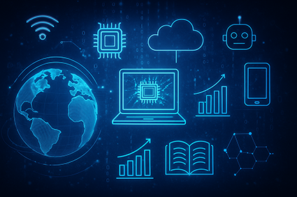 تصویر دیجیتال با طراحی مدرن و رنگ‌های متنوع، شامل عناصر انتزاعی و نمادهای فناوری که حس پیشرفت و نوآوری را منتقل می‌کند