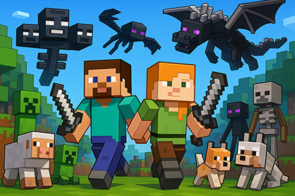 تصویر شامل تمامی شخصیت‌ها و موجودات محبوب بازی ماینکرفت است که به شکل رنگارنگ و با جزییات نمایان شده‌اند.