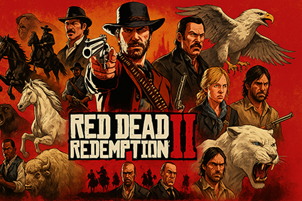 پوستر مستطیلی خلاقانه شامل مجموعه کامل شخصیت‌های مثبت و منفی، حیوانات طبیعی و افسانه‌ای بازی Red Dead Redemption 2 با جزئیات دقیق و طراحی هنری برجسته