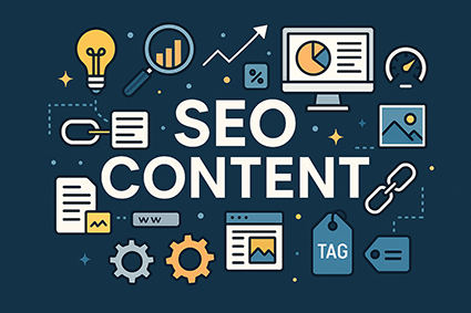 در این تصویر اصول سئو محتوای با ابزارهای دیجیتال و آیکون‌های رتبه‌بندی نشان داده شده است.
