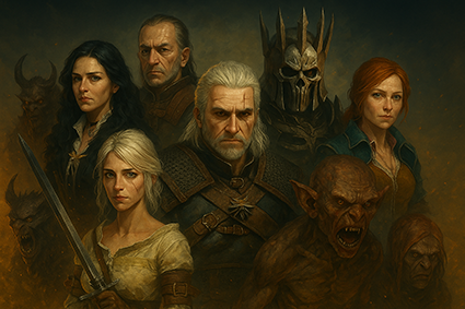 تصویری واقع‌گرایانه و حماسی از شخصیت‌های اصلی و منفی بازی The Witcher 3: Wild Hunt شامل گرالت، سیری، ینیفر، تریس، دشمنان و هیولاها