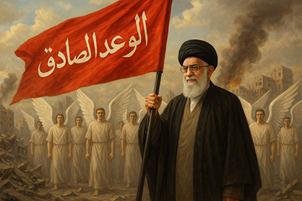 مرد قهرمان پرچم وعده صادق را به دست گرفته و در پشت‌سرش یاران وفادار و ساختمان‌های تخریب‌شده نشان‌دهنده پیروزی آن‌ها است.