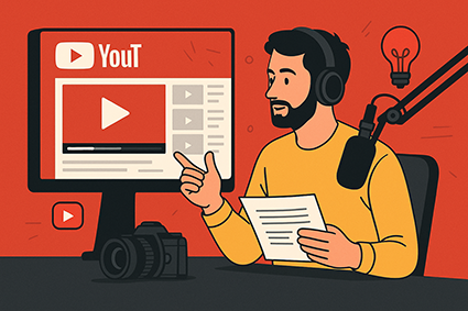 مردی در حال تولید محتوای ویدیویی برای یوتیوب با میکروفون، مانیتور و دوربین.