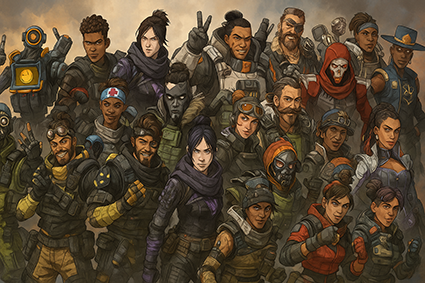 تصویر گروهی از تمام شخصیت‌های اصلی، مثبت و منفی بازی Apex Legends در کنار هم، با طراحی دیجیتال واقع‌گرایانه و بدون متن، در فضایی جنگی و پرتنش با ترکیب رنگ‌های گرم و سرد