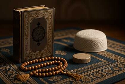 تصویر سه‌بعدی واقع‌گرایانه از مهر و تسبیح نماز روی جانماز؛ نمایشگر اسرار صلاه و حقیقت معنوی نماز