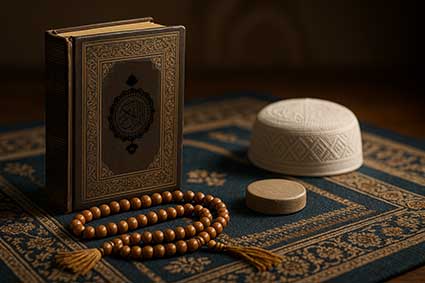 تصویر سه‌بعدی واقع‌گرایانه از مهر و تسبیح نماز روی جانماز؛ نمایشگر اسرار صلاه و حقیقت معنوی نماز