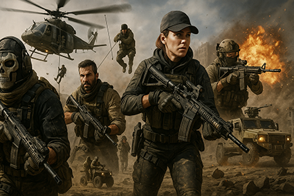 تصویر افقی و خلاقانه‌ای از بازی کال آف دیوتی وارزون که شامل شخصیت‌های اصلی جنگجو، انواع سلاح‌ها، تجهیزات نظامی پیشرفته و ماشین‌آلات جنگی مثل تانک، هلیکوپتر و خودروهای زرهی است. فضای هیجان‌انگیز میدان نبرد و اکشن بی‌وقفه بازی را به‌خوبی نمایش می‌دهد.