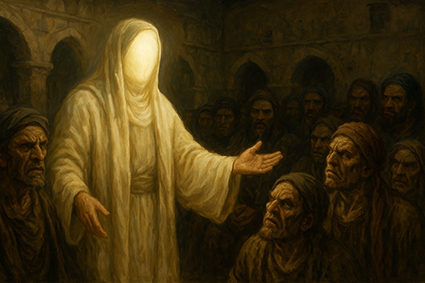 حضرت زهرا در حال ایراد خطبه فدکیه با چهره‌ای نورانی و بدون وضوح چهره، در برابر مردم مدینه با چهره‌هایی زشت، نمایشگر فضای فرهنگی و تاریخی پس از رحلت پیامبر