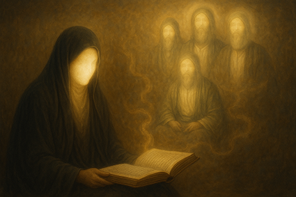 تصویر هنری واقع‌گرا از کلمه فاطمیه؛ حضرت زهرا (س) با چهره‌ای نورانی در حال قرائت کتابی نورانی، در میان انوار اهل بیت (ع)، نمایش مفهومی از فص حکمه عصمتیه.