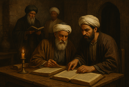 تصویری سه‌بعدی و واقع‌گرایانه از علمای حدیث در حال بررسی دقیق اسناد و متون روایات در فضای حوزوی ۵۰۰ سال پیش، نشان‌دهنده فرآیند علمی علم درایه و نقد سند و متن احادیث