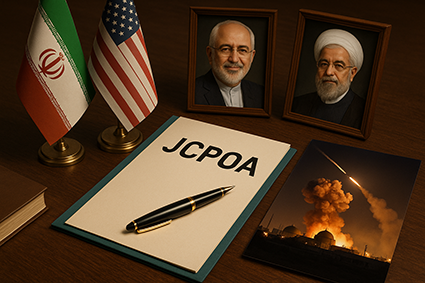 تصویر سه‌بعدی میز چوبی با مدارک مربوط به برجام، پرچم‌های ایران و آمریکا، عکس‌های ظریف و روحانی و نمایی از حمله موشکی به تاسیسات هسته‌ای در شب، نشان‌دهنده تبعات امنیتی و سیاسی توافق هسته‌ای ایران.