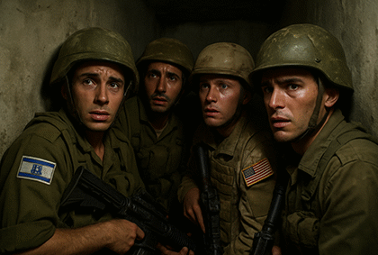 چهار سرباز اسرائیلی و آمریکایی در یک پناهگاه تاریک و بتنی، با چهره‌هایی نگران، عرق‌کرده و مضطرب، در حالی که به گوشه دیوار پناه برده‌اند و سلاح‌هایشان را محکم در دست گرفته‌اند.