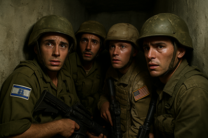 چهار سرباز اسرائیلی و آمریکایی در یک پناهگاه تاریک و بتنی، با چهره‌هایی نگران، عرق‌کرده و مضطرب، در حالی که به گوشه دیوار پناه برده‌اند و سلاح‌هایشان را محکم در دست گرفته‌اند.