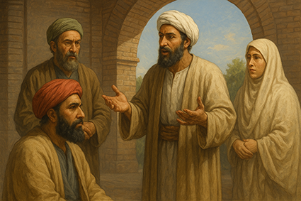 سه مرد با عمامه اسلامی و یک زن با حجاب اسلامی در محیطی قدیمی و سنتی ایران، نماد اسلام آوردن ایرانیان به انتخاب و اختیار خودشان