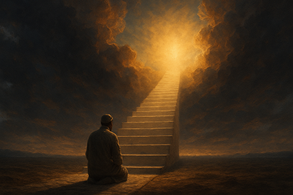 مرد نمازگزار در حال نیایش، نردبانی نورانی به سوی نور الهی در آسمان عرفانی