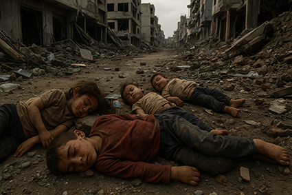 کودکان بی‌جان پس از حمله هوایی اسرائیل، روایت دردناک کودک‌کشی در جنگ! این تصویر ساختگی است، اما بر اساس شواهد میدانی، تصاویر واقعی و داده‌های معتبر ساخته شده تا حقیقت دردناک کودک‌کشی در منطقه را به‌وضوح روایت کند.