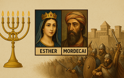 تصویری از استر و مردخای در مرکز، همراه با شمعدان یهودی (منورا) در سمت چپ و صحنه‌ای از نبرد تاریخی یهودیان با ایرانیان در پس‌زمینه
