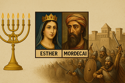تصویری از استر و مردخای در مرکز، همراه با شمعدان یهودی (منورا) در سمت چپ و صحنه‌ای از نبرد تاریخی یهودیان با ایرانیان در پس‌زمینه