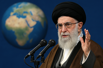 آیت‌الله خامنه‌ای در حال سخنرانی با پس‌زمینه کره زمین، نمادی از نفوذ جهانی و تاثیر ایران در نظم بین‌المللی.
