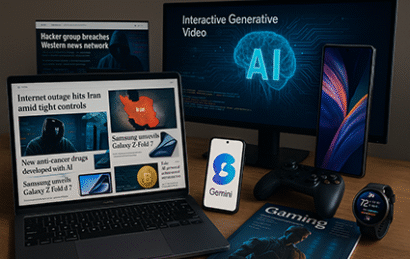 نمایی واقع‌گرایانه از آخرین اخبار تکنولوژی شامل هوش مصنوعی، گوشی‌های سامسونگ، بازی‌های کامپیوتری، برنامه‌نویسی، امنیت اطلاعات و گرافیک دیجیتال.