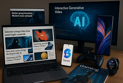 نمایی واقع‌گرایانه از آخرین اخبار تکنولوژی شامل هوش مصنوعی، گوشی‌های سامسونگ، بازی‌های کامپیوتری، برنامه‌نویسی، امنیت اطلاعات و گرافیک دیجیتال.
