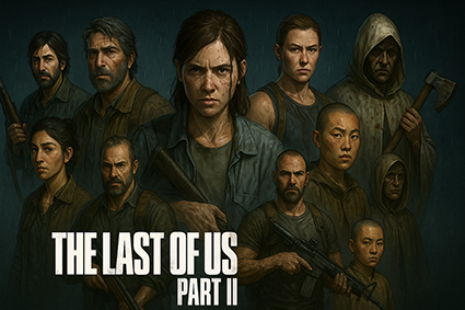تصویر گروهی شخصیت‌های اصلی و فرعی بازی The Last of Us Part II در فضای تاریک و آخرالزمانی.