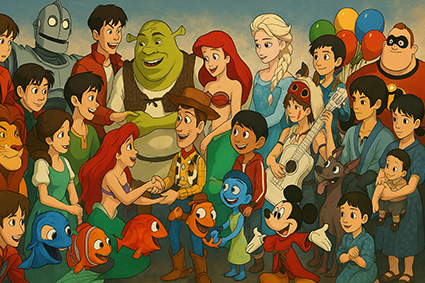 تصویری از کاراکترهای اصلی مثبت و منفی ۲۰ انیمیشن برتر دوبعدی و سه‌بعدی در حال تعامل خلاقانه و حرفه‌ای در یک قاب افقی