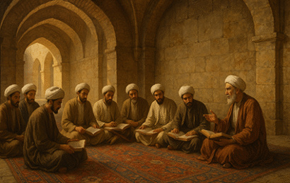 جمعی از طلاب حوزه علمیه در نجف ۵۰۰ سال پیش در حال مطالعه منطق در یک مدرسه قدیمی با طاق‌های سنگی و معماری تاریخی، نشسته بر روی فرش سنتی و پوشیده در لباس و عمامه‌های سنتی