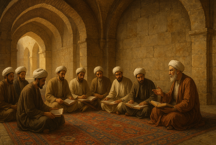 جمعی از طلاب حوزه علمیه در نجف ۵۰۰ سال پیش در حال مطالعه منطق در یک مدرسه قدیمی با طاق‌های سنگی و معماری تاریخی، نشسته بر روی فرش سنتی و پوشیده در لباس و عمامه‌های سنتی