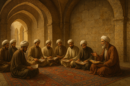 جمعی از طلاب حوزه علمیه در نجف ۵۰۰ سال پیش در حال مطالعه منطق در یک مدرسه قدیمی با طاق‌های سنگی و معماری تاریخی، نشسته بر روی فرش سنتی و پوشیده در لباس و عمامه‌های سنتی