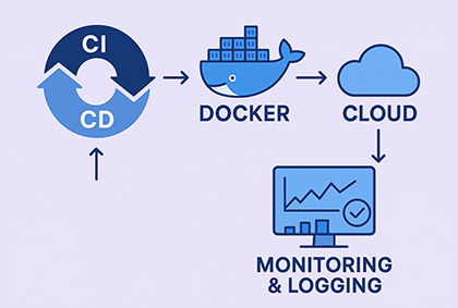 نمایش نمادین فرآیندهای DevOps شامل ادغام و تحویل مستمر (CI/CD)، کانتینری‌سازی با Docker، استقرار خودکار در فضای ابری و نظارت و مانیتورینگ سیستم‌ها