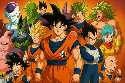 تمام شخصیت‌های مثبت و منفی اصلی و فرعی انیمه دراگون بال در یک تصویر خلاقانه و جذاب.