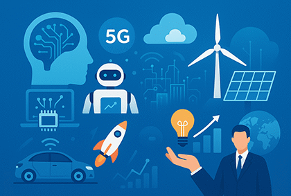 نمایی خلاقانه و حرفه‌ای از تحولات تکنولوژی جهانی و ایران، شامل هوش مصنوعی، اینترنت اشیاء، انرژی‌های تجدیدپذیر، حمل‌ونقل نوین و استارتاپ‌ها، بدون هیچ نوشته‌ای.