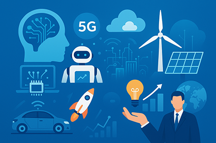 نمایی خلاقانه و حرفه‌ای از تحولات تکنولوژی جهانی و ایران، شامل هوش مصنوعی، اینترنت اشیاء، انرژی‌های تجدیدپذیر، حمل‌ونقل نوین و استارتاپ‌ها، بدون هیچ نوشته‌ای.