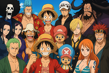 تمام شخصیت‌های اصلی، فرعی، مثبت و منفی انیمیشن وان پیس (One Piece) در یک تصویر جذاب و رنگارنگ